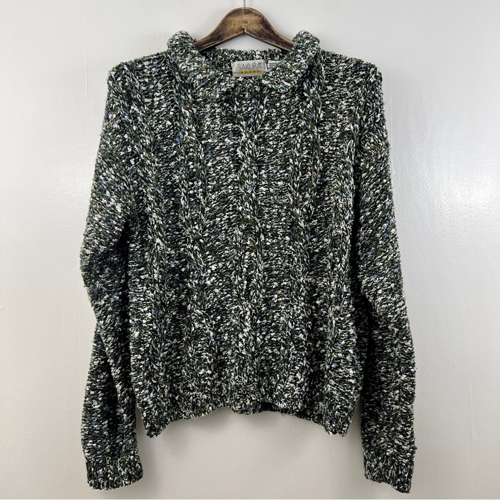 Sakura Sport Vintage Chunky Knit Pull Over Cable Knit Sweater Speckled Green Med